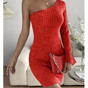 Red Off Shoulder Rib Knit Bodycon Dress